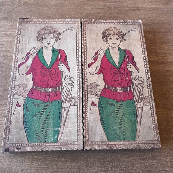 Set Victorian Wooden Pyrography box Keepsake box Woman Golf VTG handkerchiefs - Picture 2 of 8
